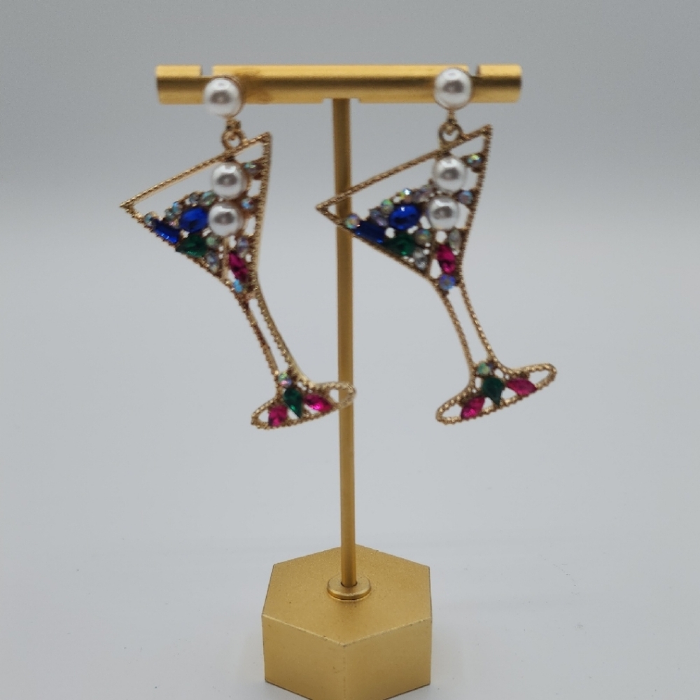 Gold Martini Earrings with Pearl Bubblies And Colorful Gems - Picture 2 of 8